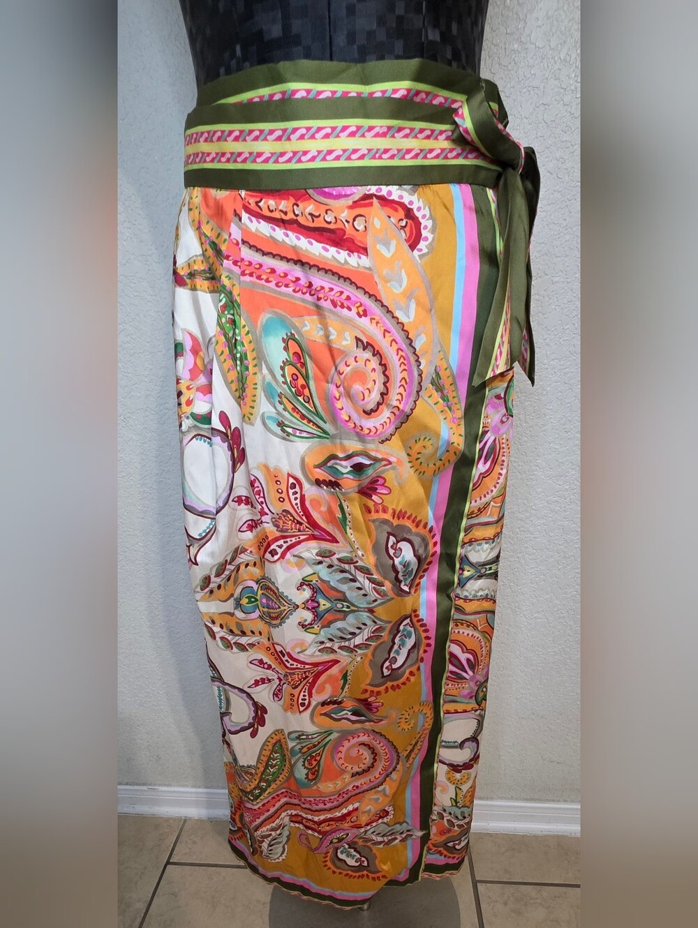 Tahari Multicolor Paisley Swim Sarong with Olive Trim